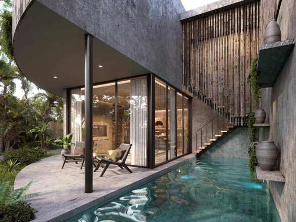 Private pool and garden of a three-bedroom villa at Bardo Residences in Tulum.