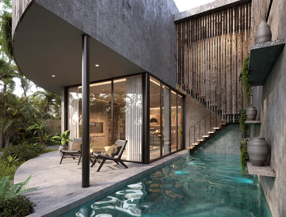 bardo-residences-tulum-private-pool.webp Private pool and garden of a three-bedroom villa at Bardo Residences in Tulum.