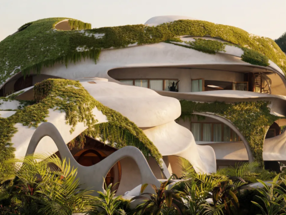 Curved, line-free Roth Architecture facade of AZULIK Residences in Aldea Zama, Tulum