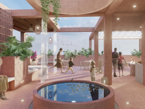 Botánica Puerto Morelos condos infinity pool with sunbeds and outdoor coworking area