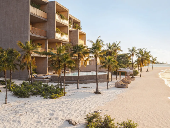 Pool and beachfront setting at Maranta condos in Soliman Bay, north of Tulum