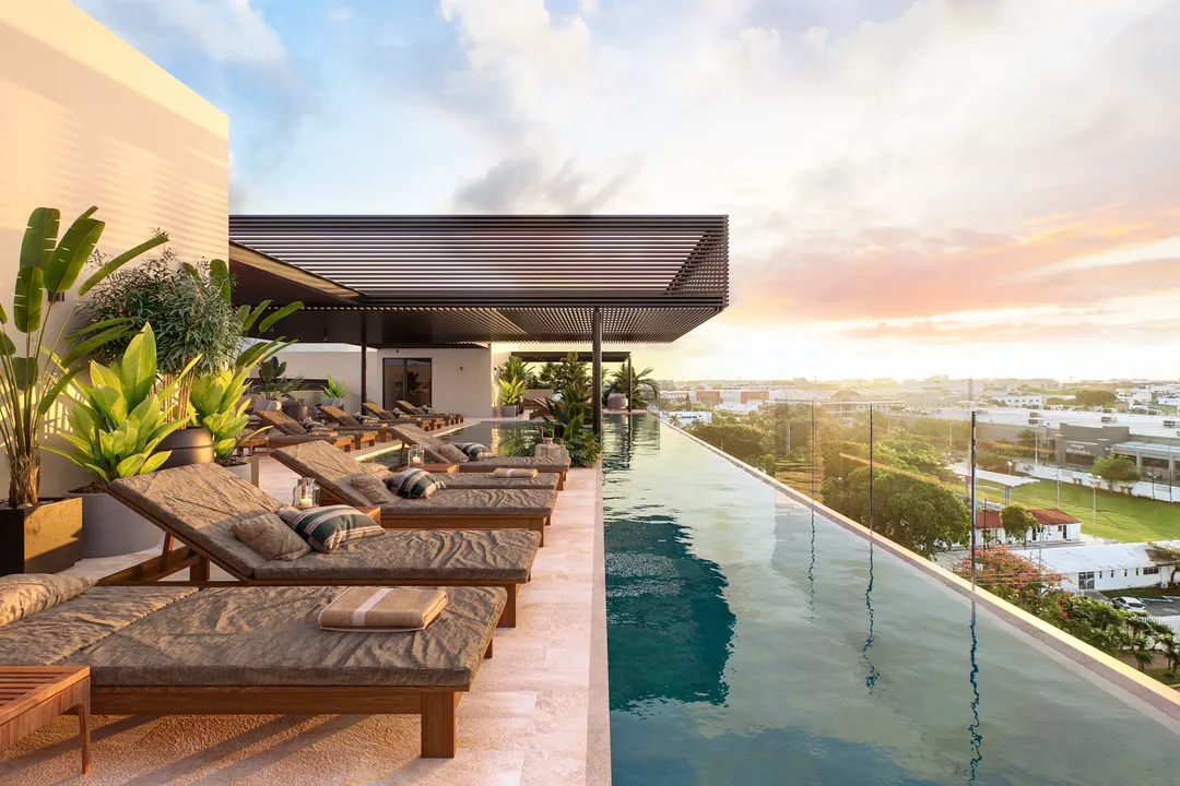 costa-celeste-playa-del-carmen-condos-rooftop.webp Rooftop solarium at Costa Celeste with views over Centro Playa del Carmen