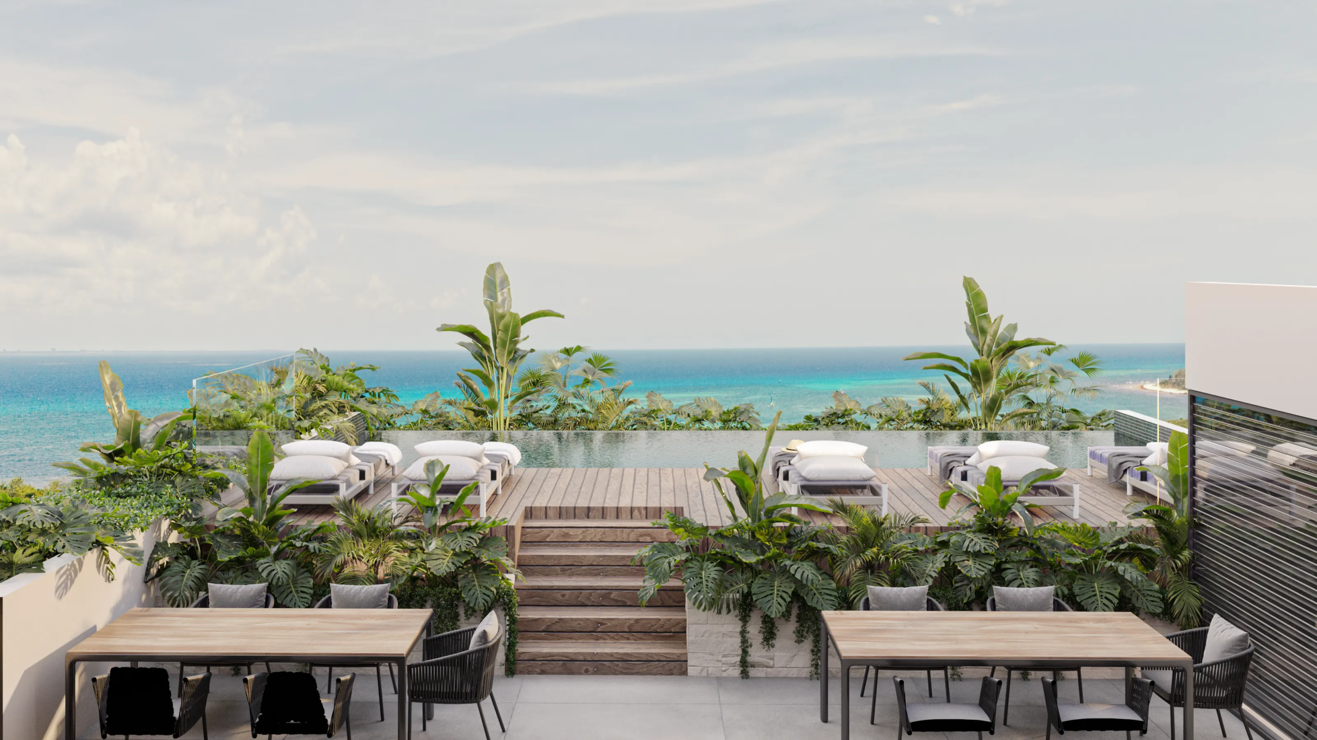 nikki-ocean-playa-del-carmen-rooftop-pool.webp Rooftop pool and sun loungers at Nikki Ocean in downtown Playa del Carmen